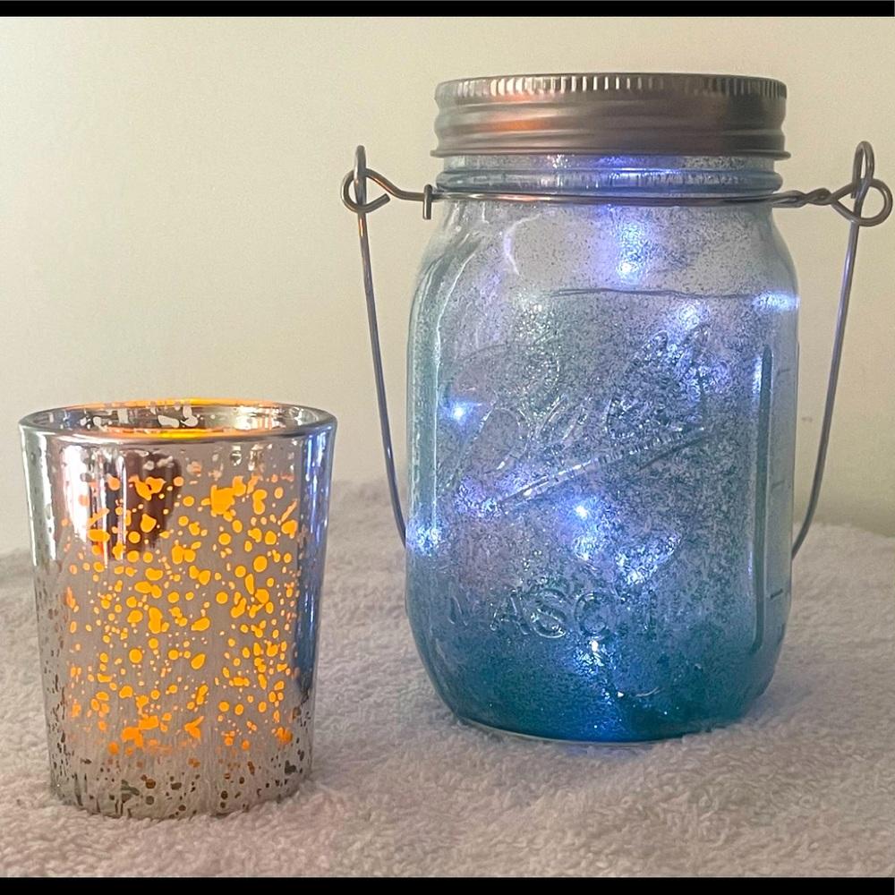 COLLECTION of BALL-JAR LIGHT + FLAMELESS/FLICKERING VOTIVE CANDLE…